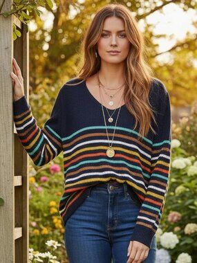 Jodifl M Women's Sweater Navy Blue Stripe Rib Knit Oversized V Neck Boho Preppy